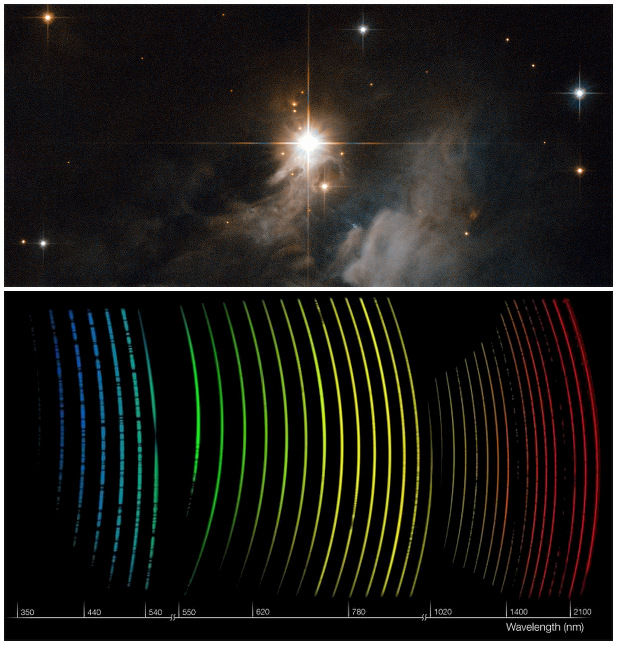Figure 1: The Herbig Ae/Be star IRAS 10082-5647 and below it an image showing the long wavelength coverage of VLT/X-Shooter (ESA/Hubble & NASA)