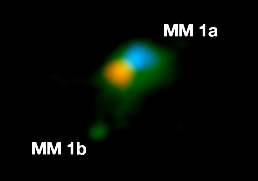 Figure 3: ALMA observations of G11.91-0.61 including the main source MM1a and the disc fragment MM1b (Ilee et al. 2018b).